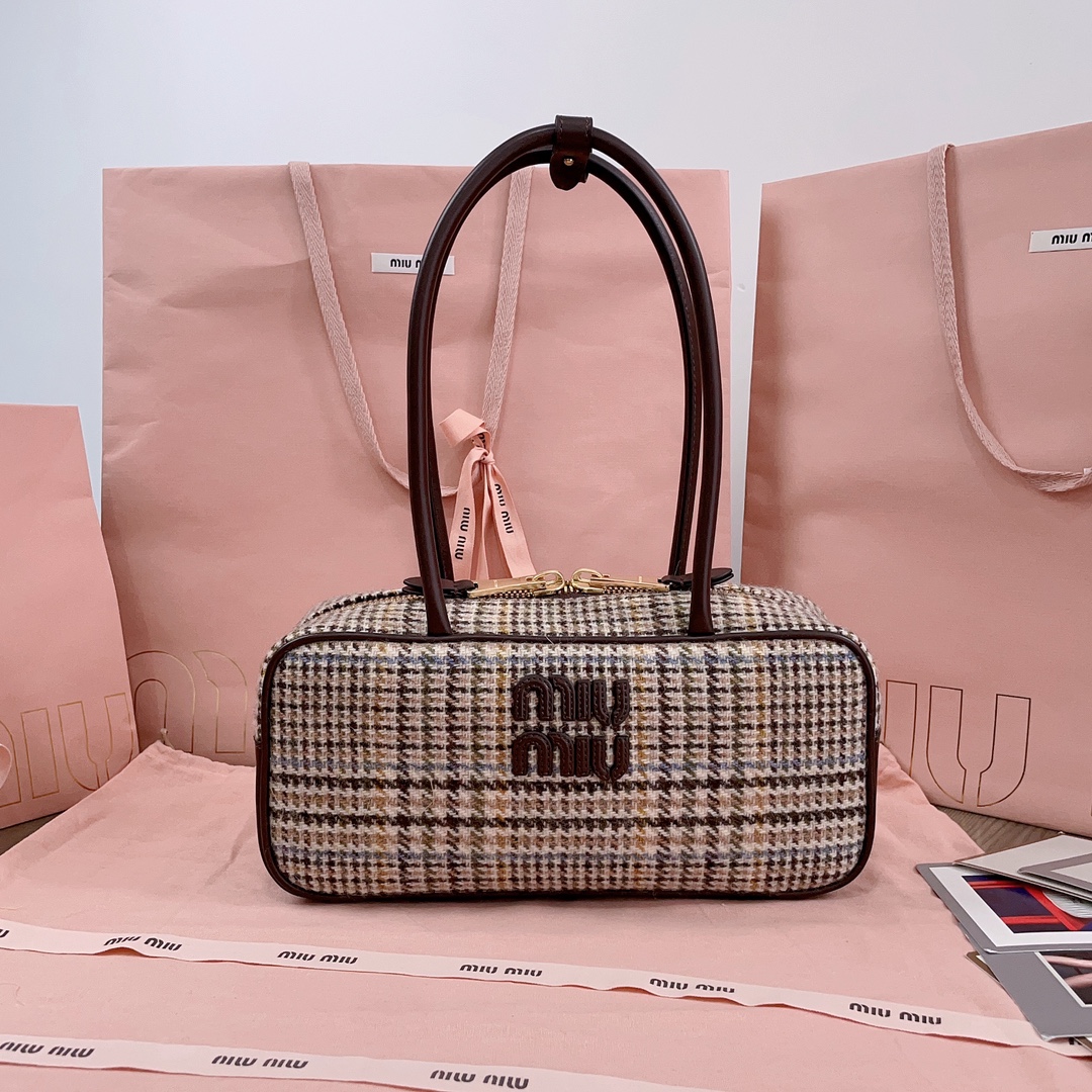 TOP Miu Miu Houndstooth Briefcase 28x12x9cm - Cocoa Brown