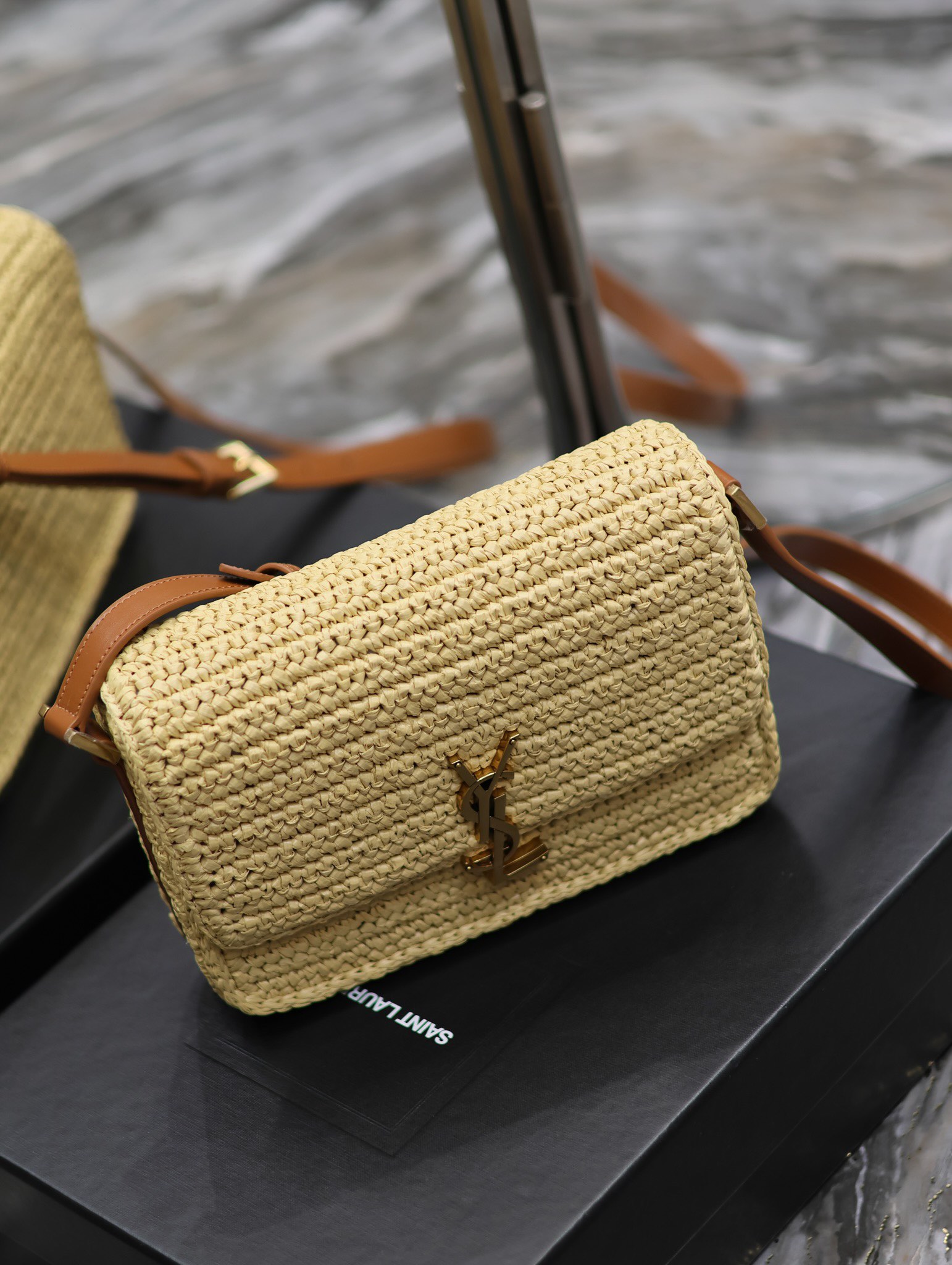 TOP Yves Saint Laurent YSL Cowhide and Lafite Weaving Solferino Bags 23×16×6cm - Beige