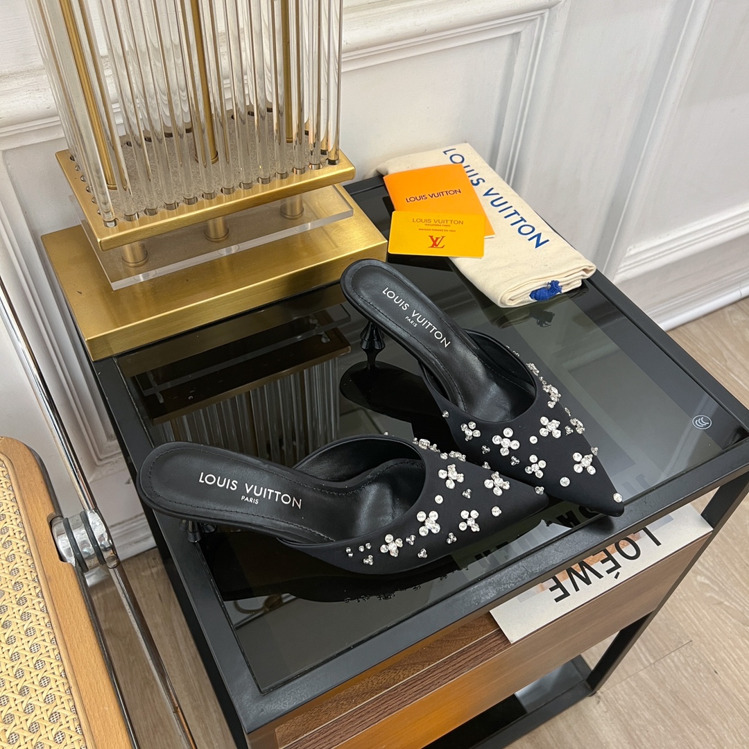 TOP Louis Vuitton LV 5.5cm/7.5cm High-heeled Slingback Slippers with Hand-sewn Diamond Pointed - Black