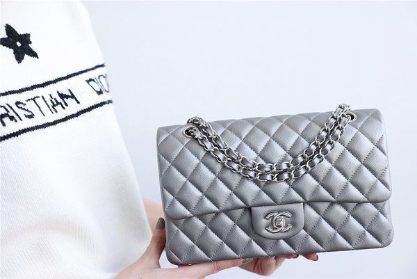 TOP CHANEL Classic Flap Bag Lambskin Medium 25.5cm – Grey & SHW