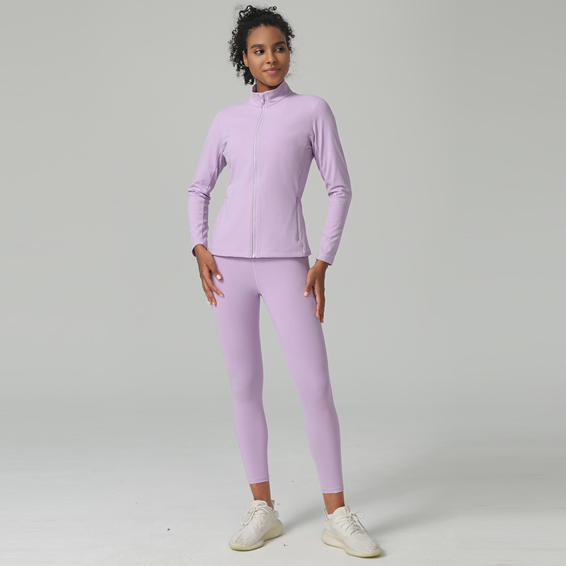 Womens Slim Fit Sports Jacket Zipper Pockets Windproof Stand Collar Quick Dry Yoga Top
