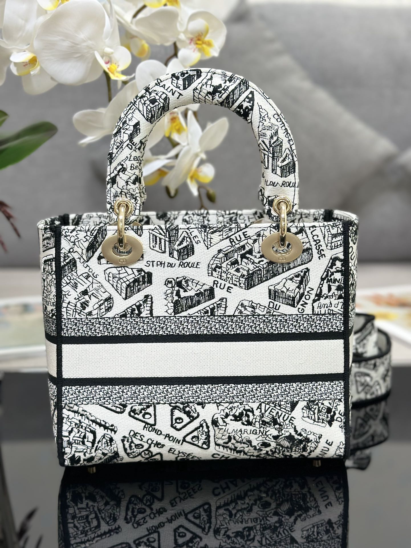 TOP Christian Dior Five Grid Embroidered Paris Map Handbag 24x20x11CM - White&GHW