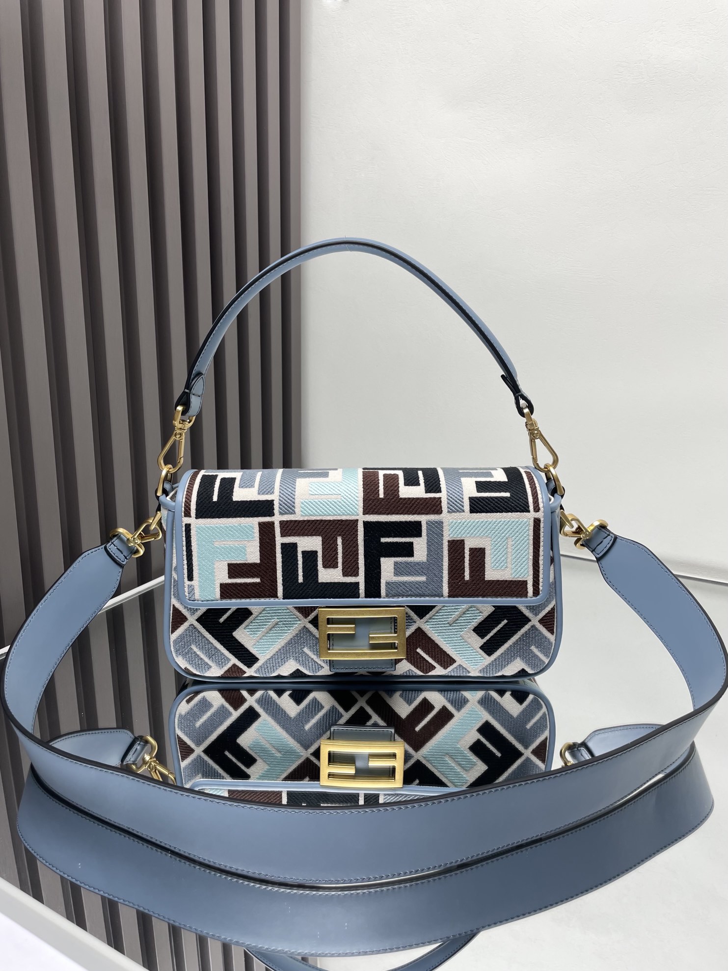 TOP FENDI Baguette FF Bag 26x13x6 cm-Blue
