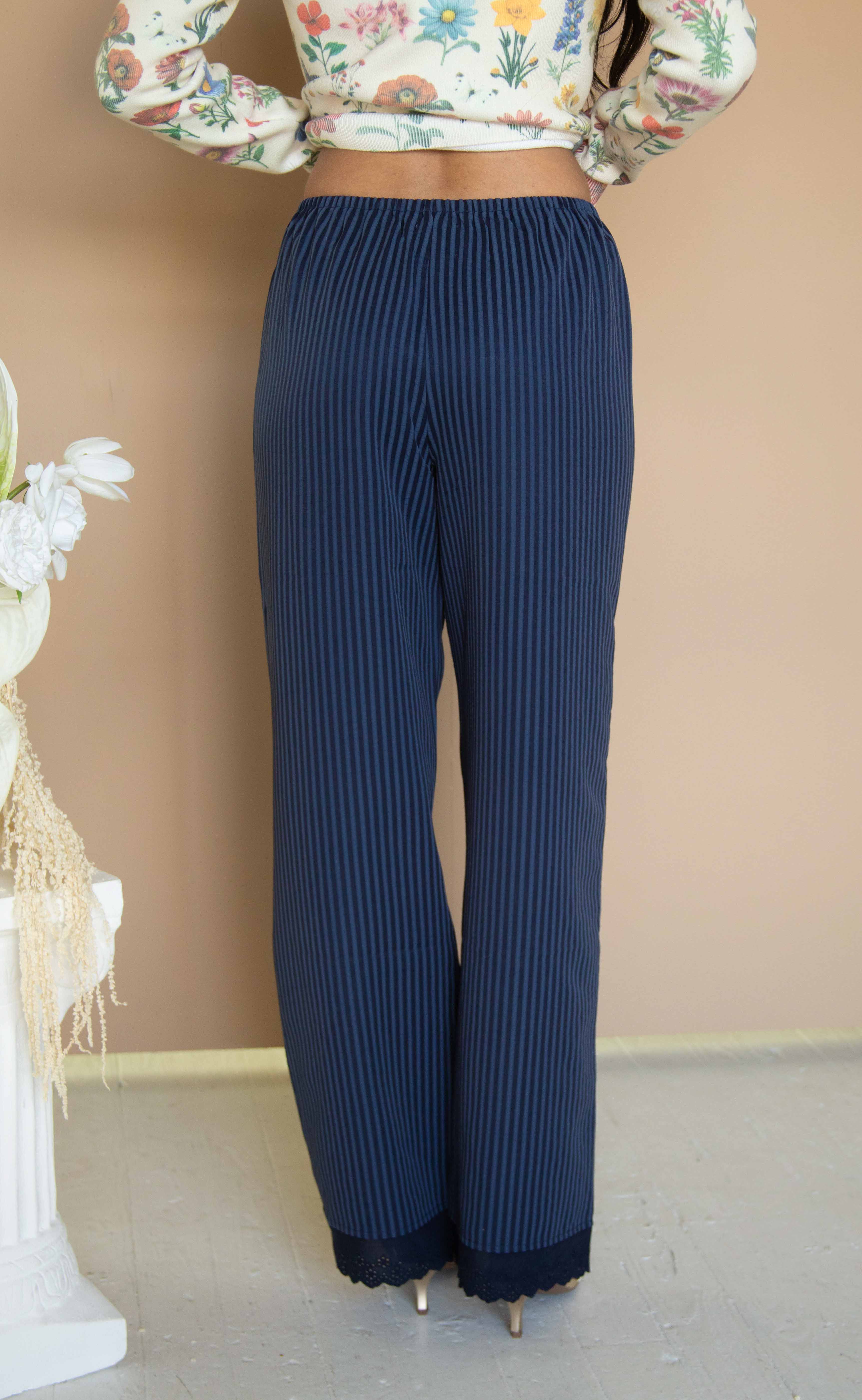 deep blue striped lace scalloped pants