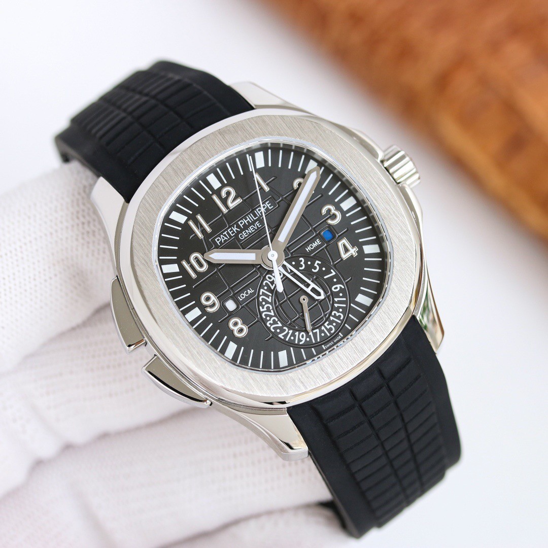 Patek Philippe Men’s Automatic Mechanical Watch, Dual‑Time Black Dial Rubber Strap Business Sports Wrist Watch
