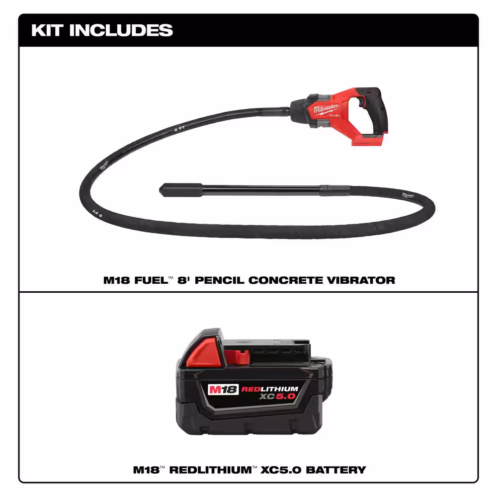 M18 FUEL 18V Lithium-Ion Brushless Cordless 8 ft. Concrete Pencil Vibrator w/5.0 Ah Battery