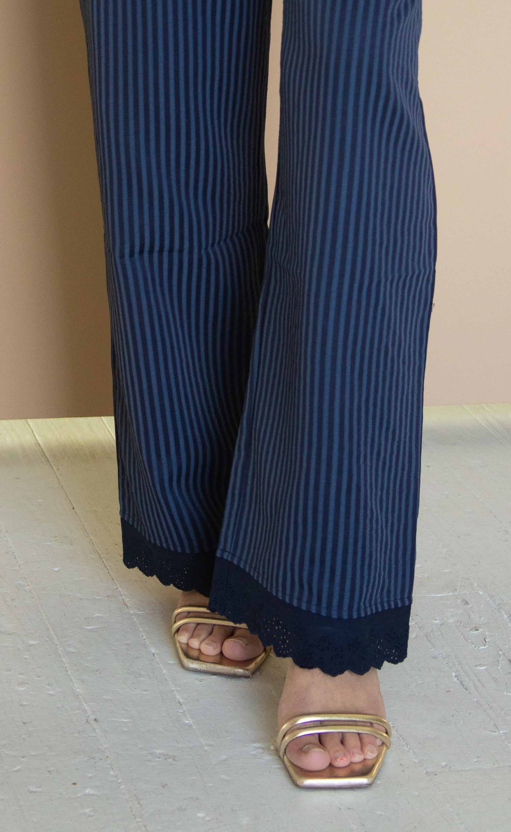 deep blue striped lace scalloped pants