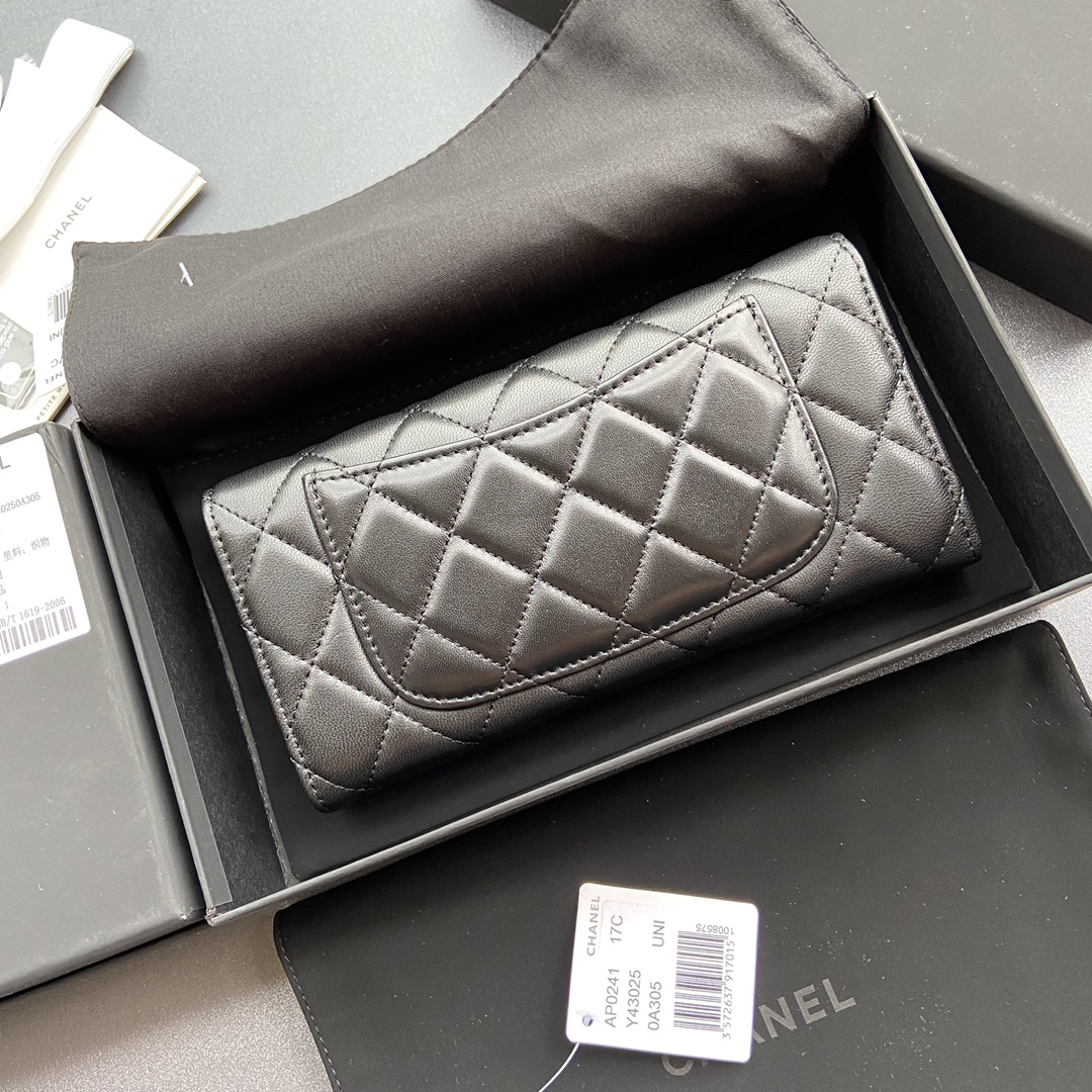 TOP CHANEL Long Folding Lambskin Wallet 19×10.5×3cm - Black & GHW/SHW