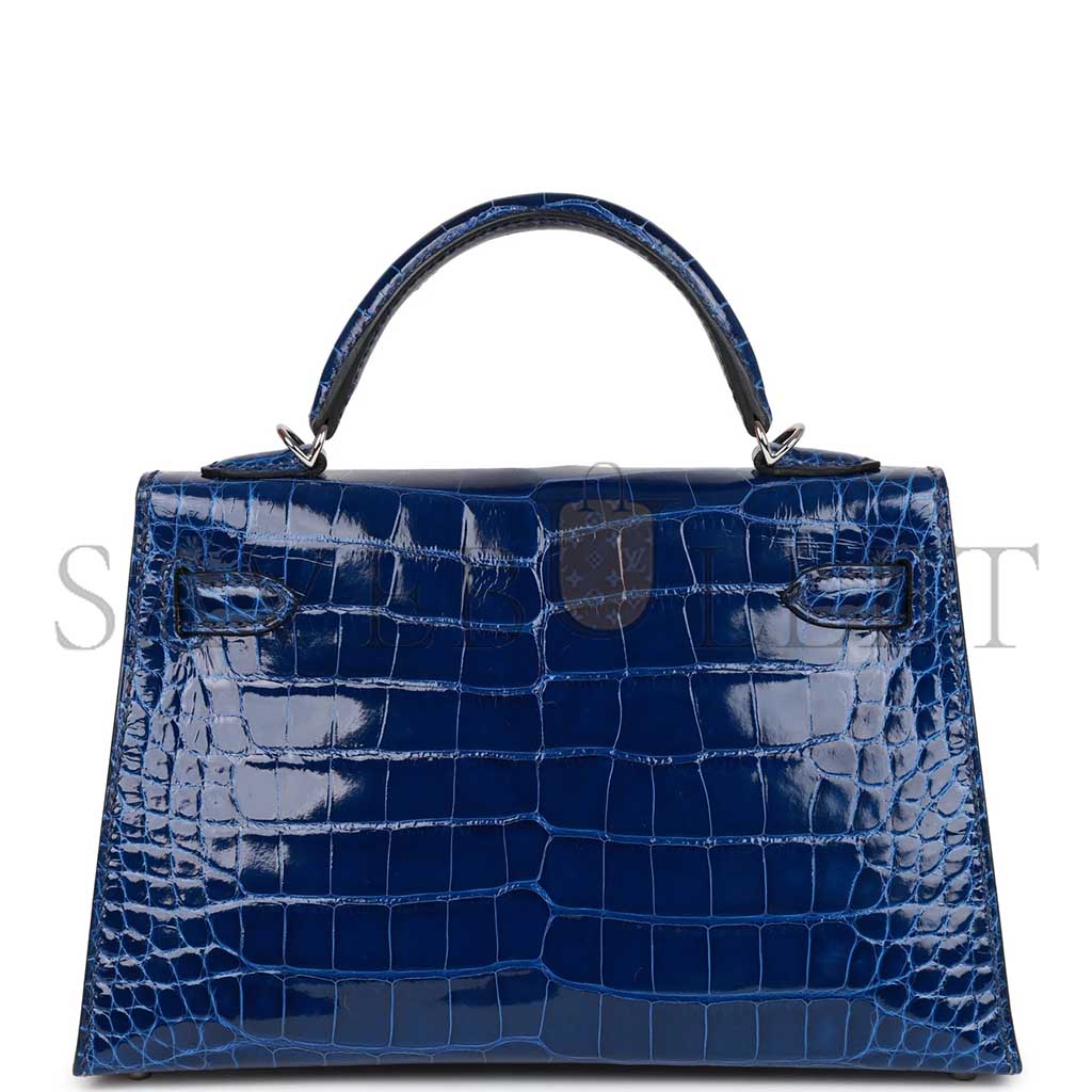 HERMÈS MINI KELLY II SELLIER BLEU SAPHIR SHINY ALLIGATOR PALLADIUM HARDWARE (19*12*5.5cm)