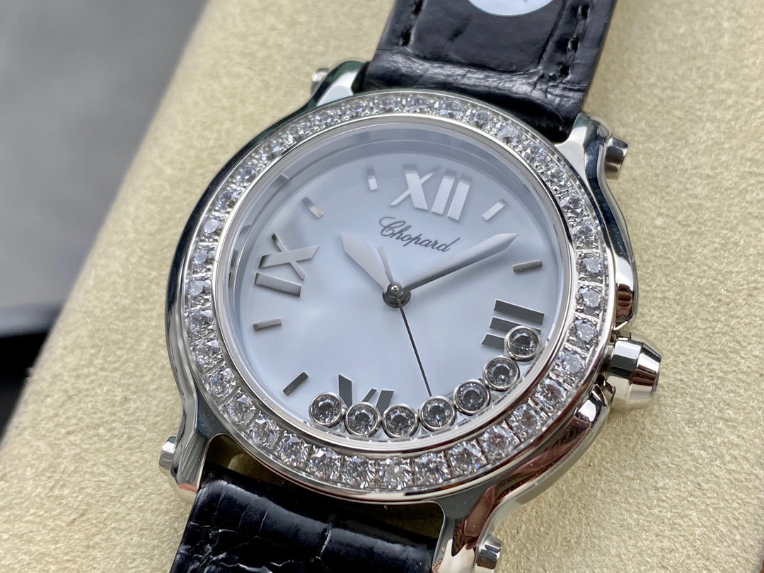 Chopard Happy Sport Ladies Watch, Diamond Bezel, Black Crocodile Leather Strap Wristwatch