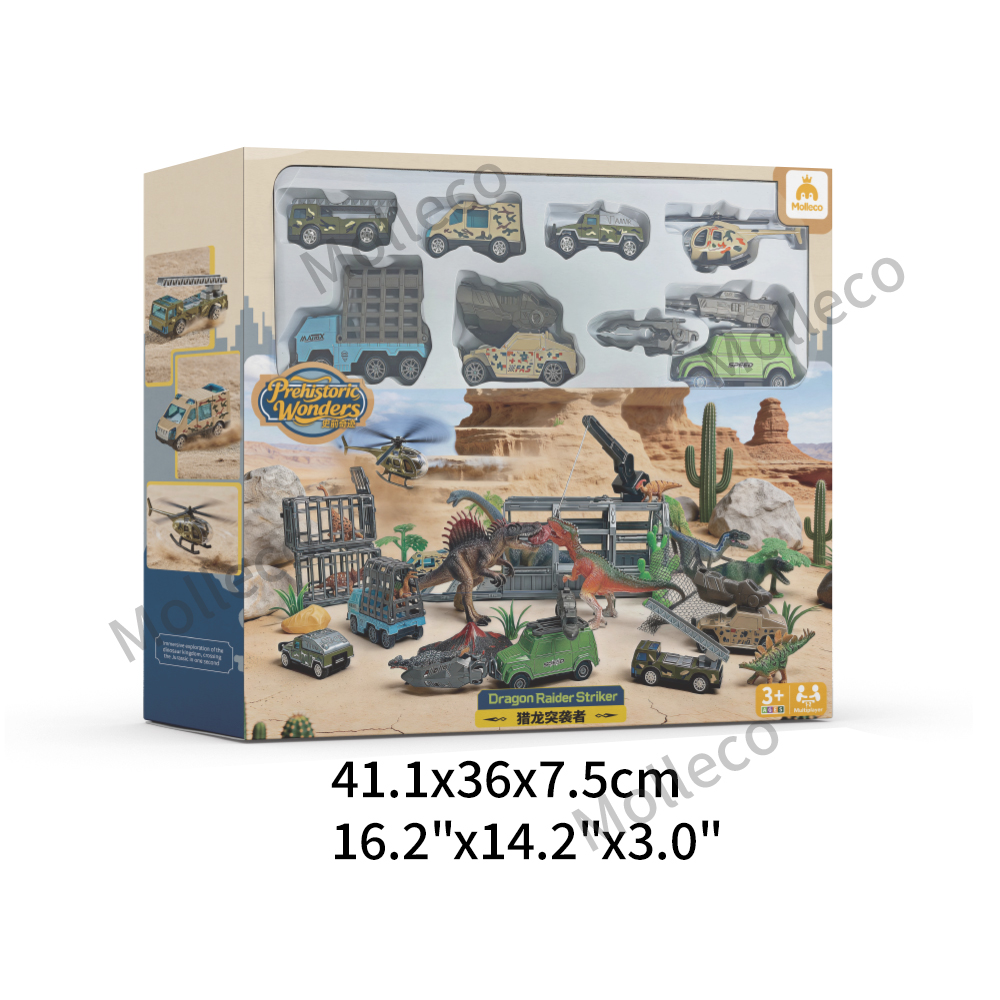 Molleco Dinosaur Figure Toys Set for Kids and Childre ST084 11 Dinosaurs + 6 Cars + Helicopter + Dinosaur Cage + Props