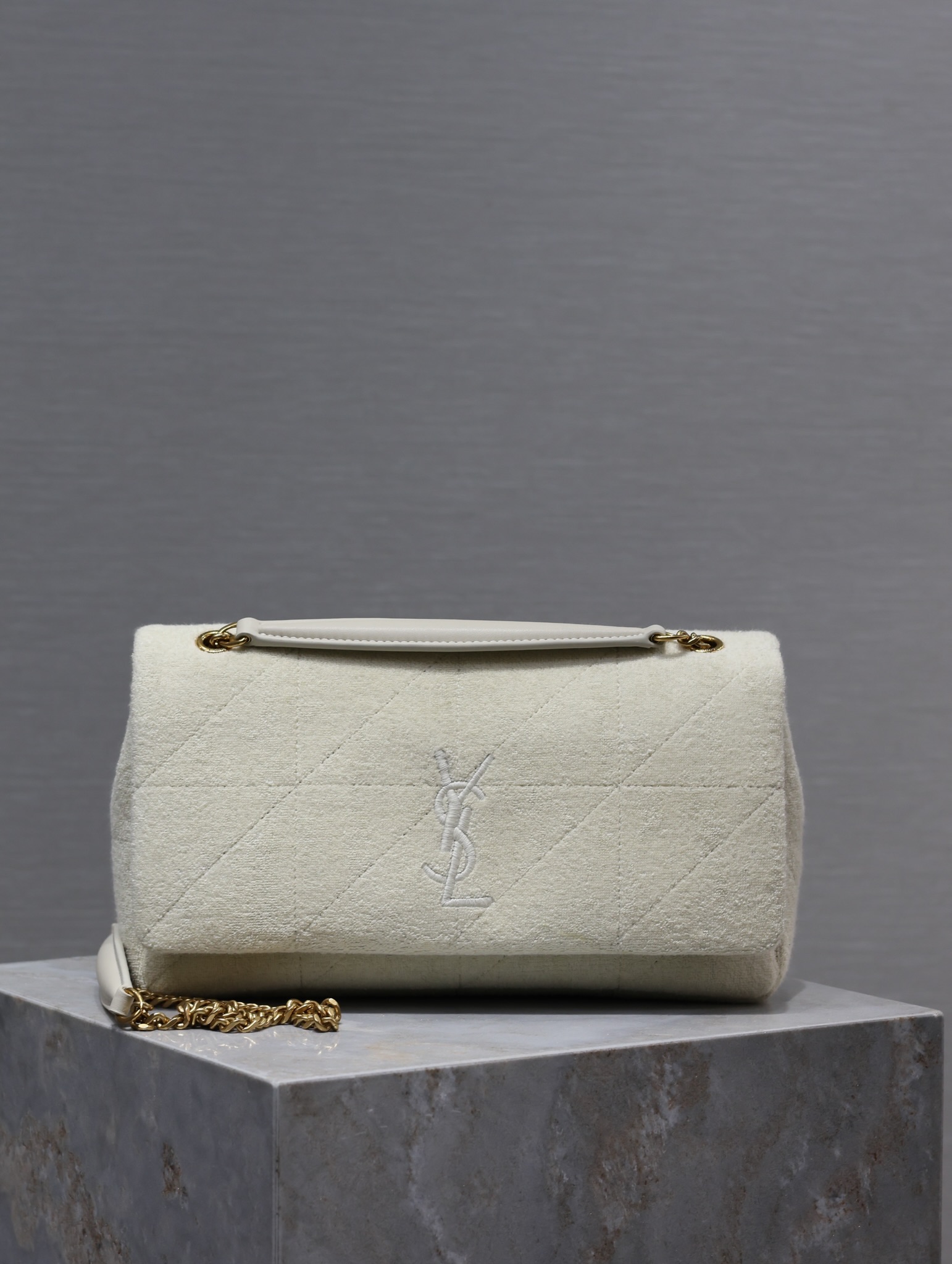 TOP Yves Saint Laurent YSL Knitted Towel Fabric With Calfskin Chain Bag 25×15×7.5cm - White