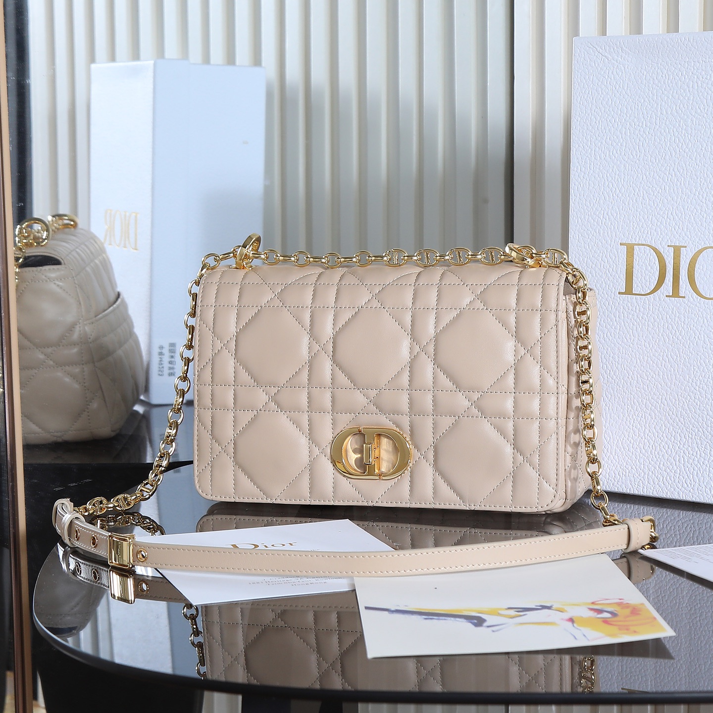 TOP Christian Dior CD Soft Caro Bag 20x13x7cm/25x16x9cm - Beige & GHW