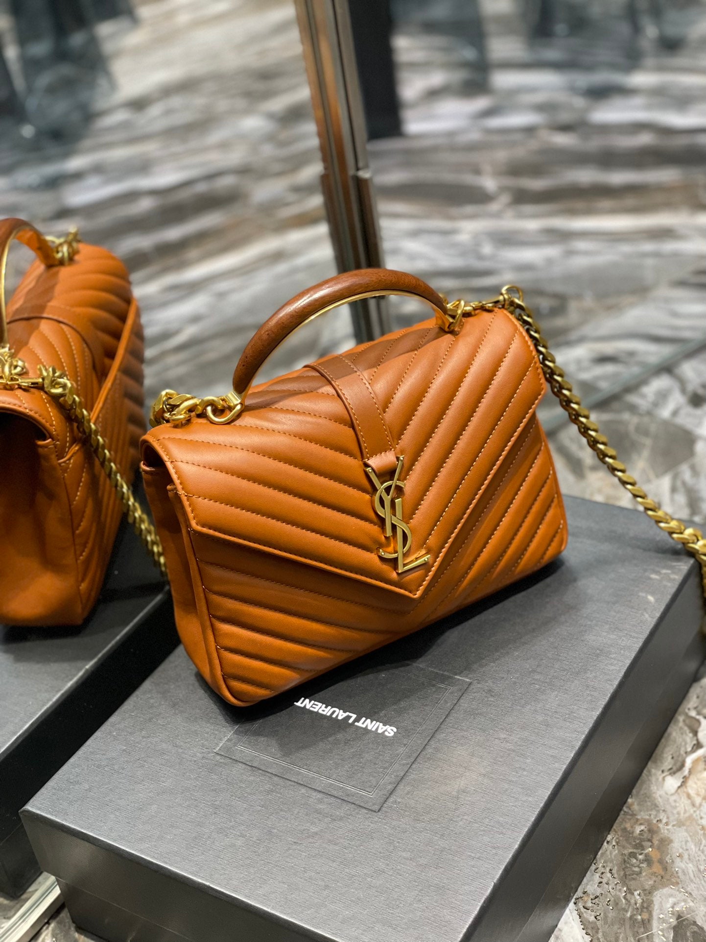 TOP Yves Saint Laurent YSL College Wooden Top Handle Leather Small Bag - Brown