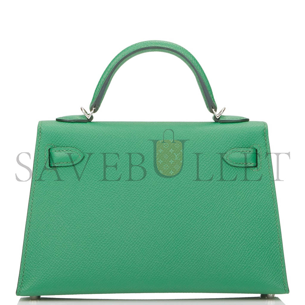 HERMÈS MINI KELLY II EPSOM COMIC GREEN SILVER BUCKLE (19*12*5.5cm)