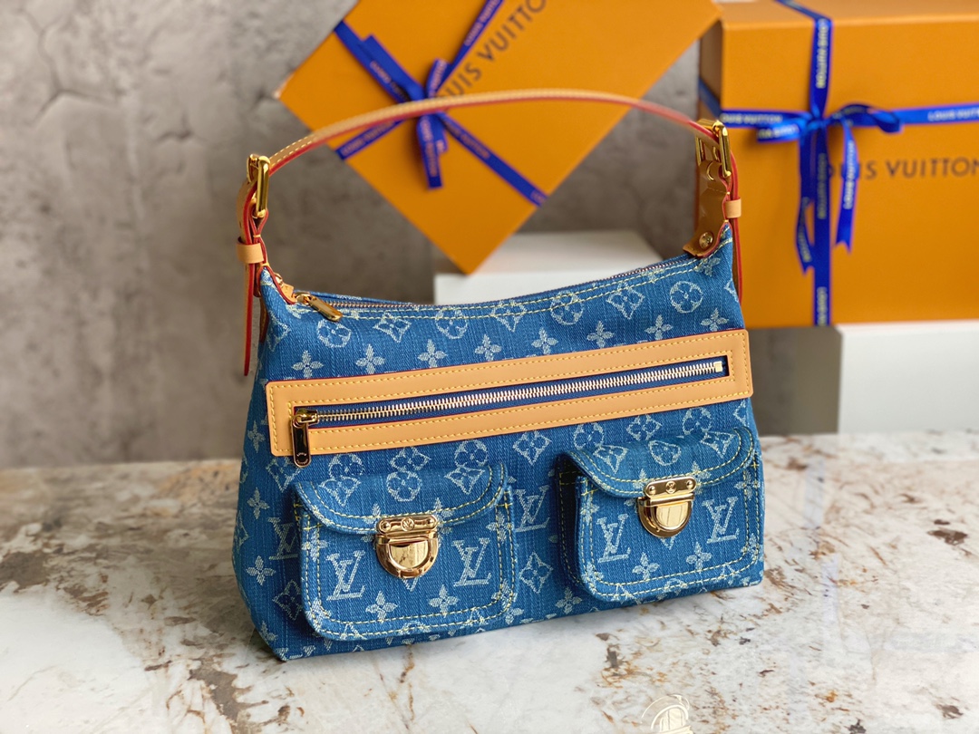 TOP Louis Vuitton LV 2005 Baggy PM Shoulder Bag 30×10×19cm- Blue
