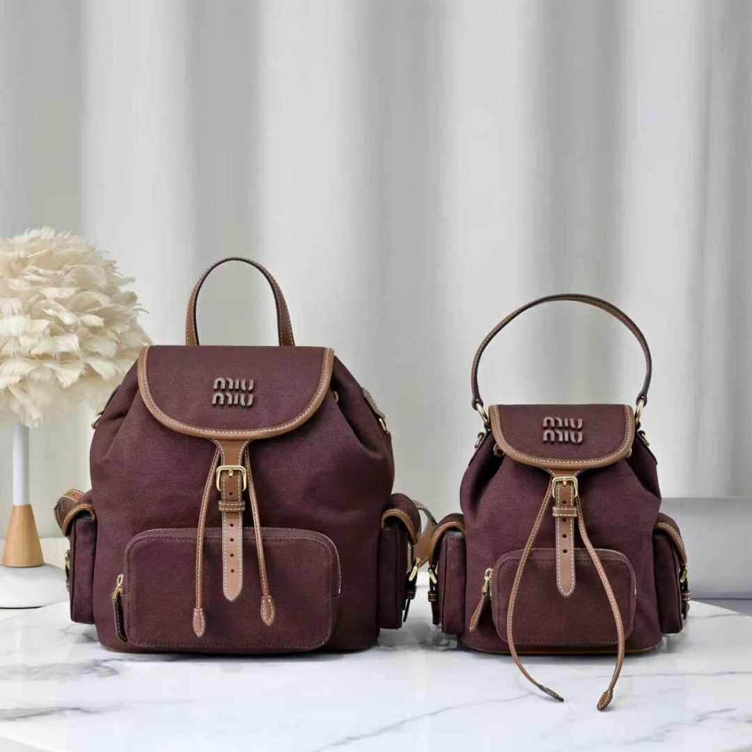 TOP Miu Miu Backpack Canvas+Cowhide 22x18x11.5cm/29.5x25x12.5cm - Brown