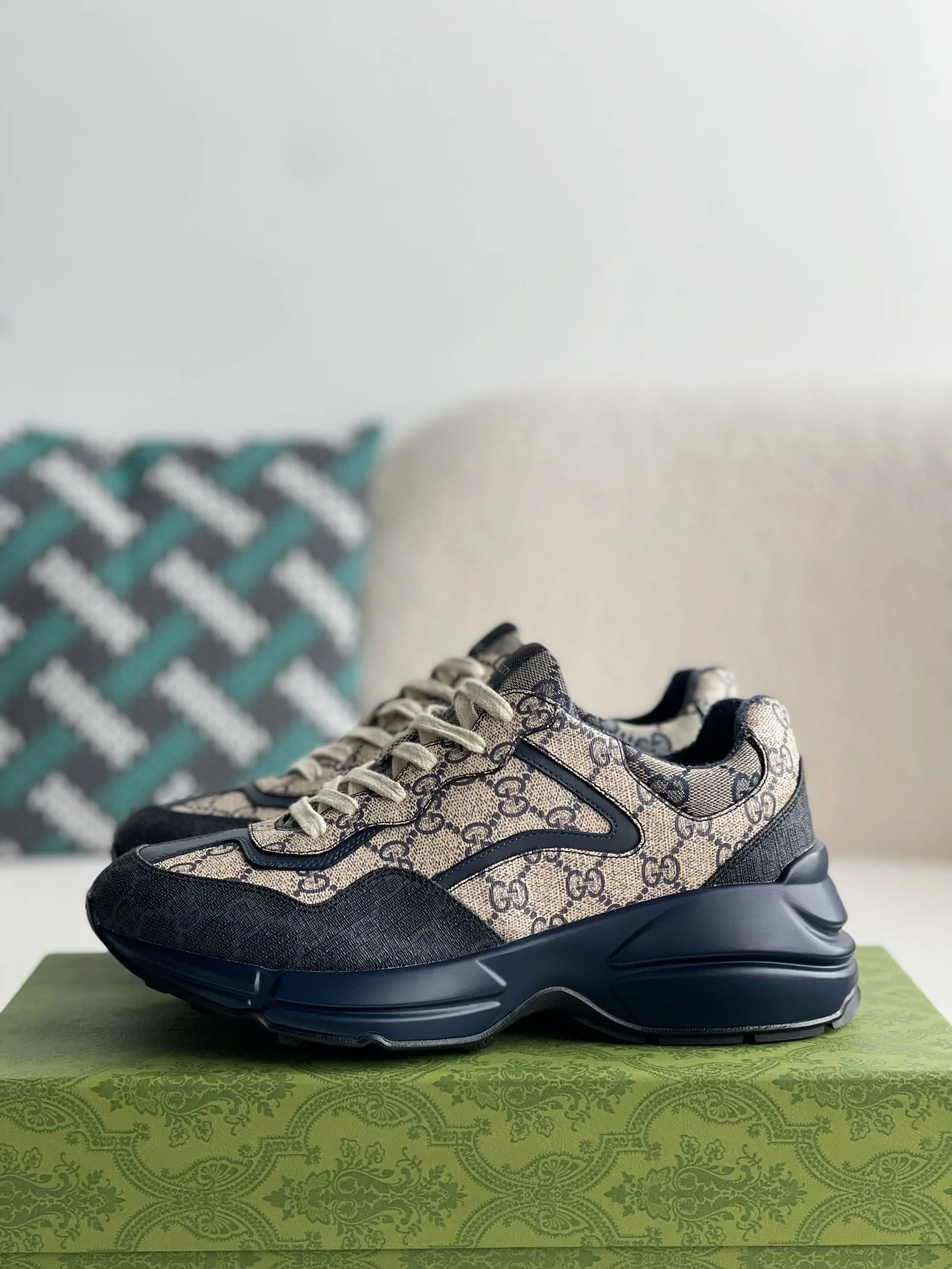 AAAShose Vintage Monogram Print Patchwork Chunky Sneakers, Navy Thick Sole Height Increasing Casual Dad Shoes Unisex