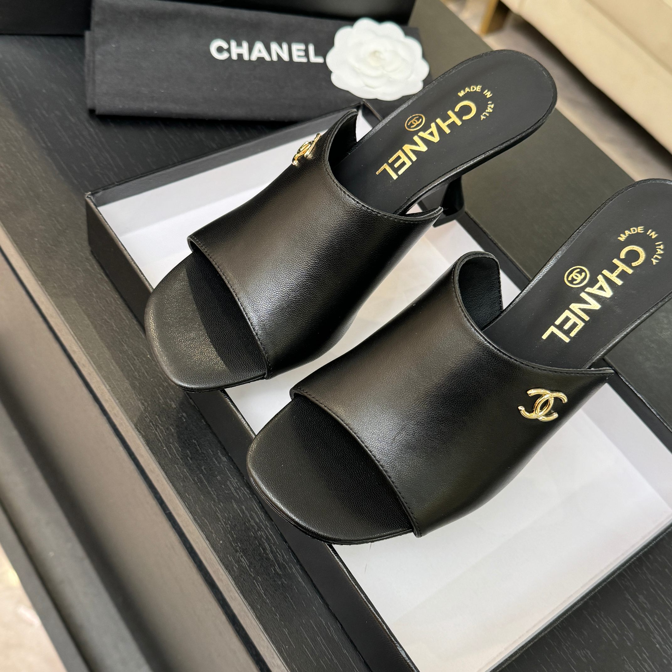 TOP CHANEL Calfskin High Heel Sliders - Black