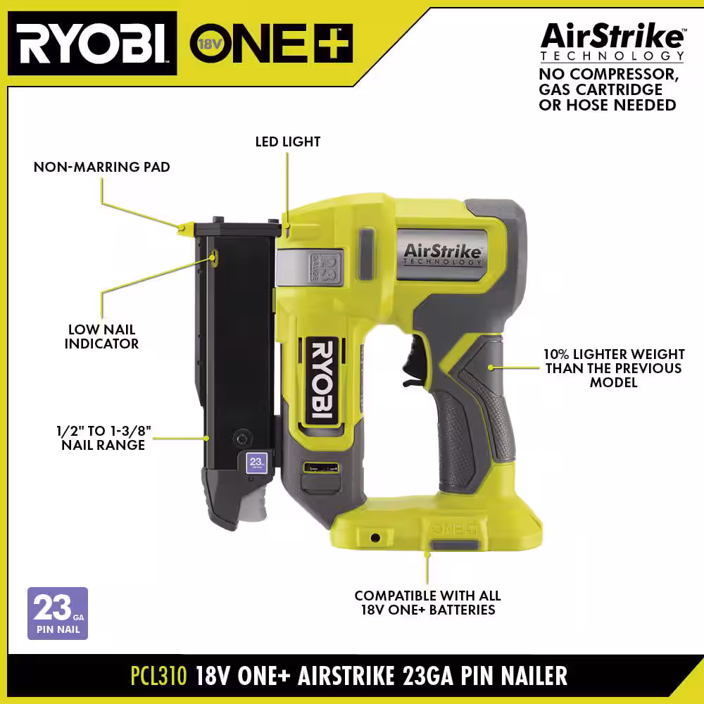 ONE+ 18V Cordless Airstrike 23-Gauge Pin Nailer (Tool Only)