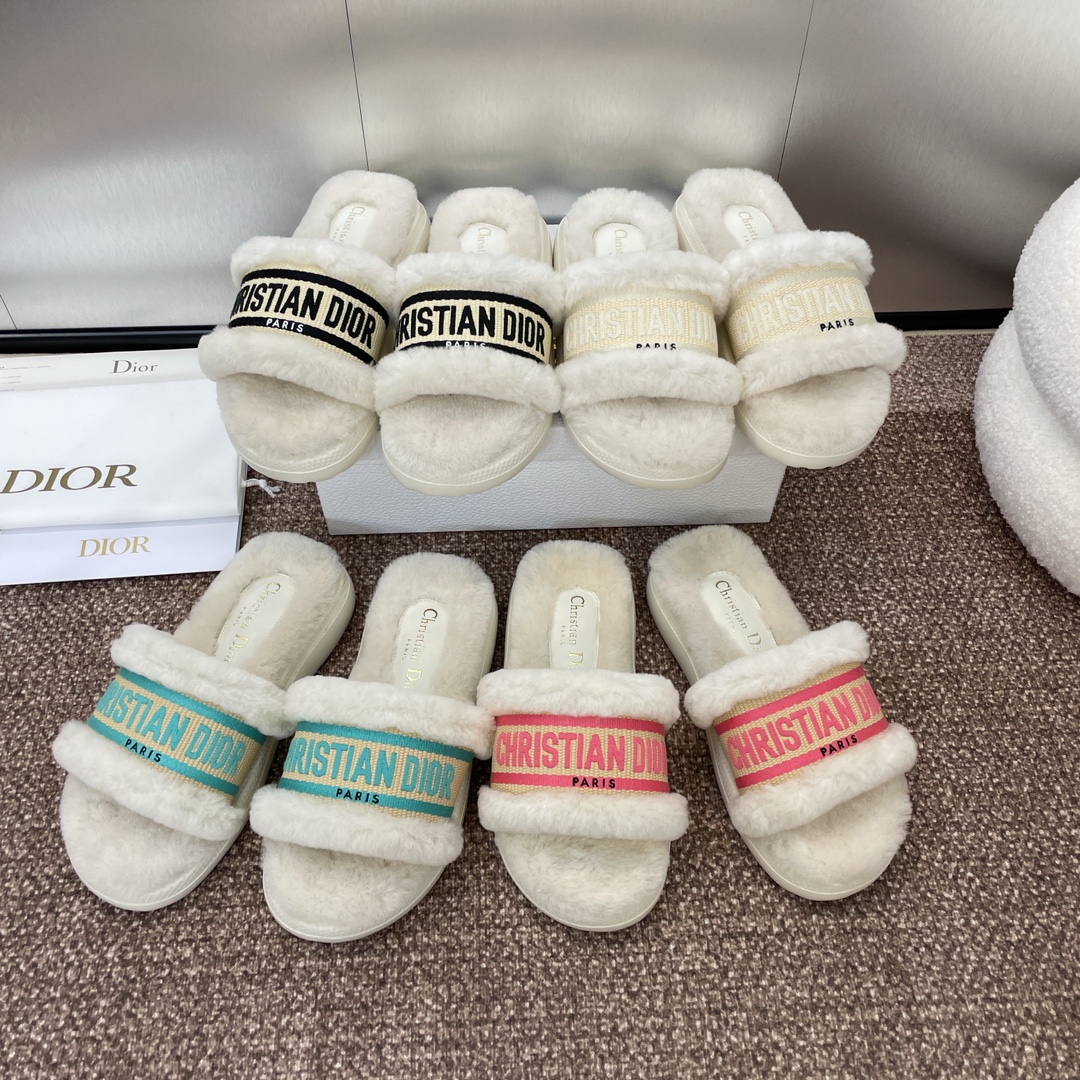 TOP Christian Dior IVIERA EVOLUTION Embroidery LOGO Rattan Grid Thick Bottom Fur Slippers - 4 Color