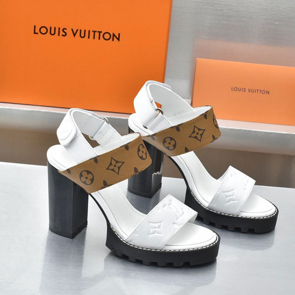 Louis Vuitton LV Leather Chunky Heel Velcro Slide Sandal (Replica)
