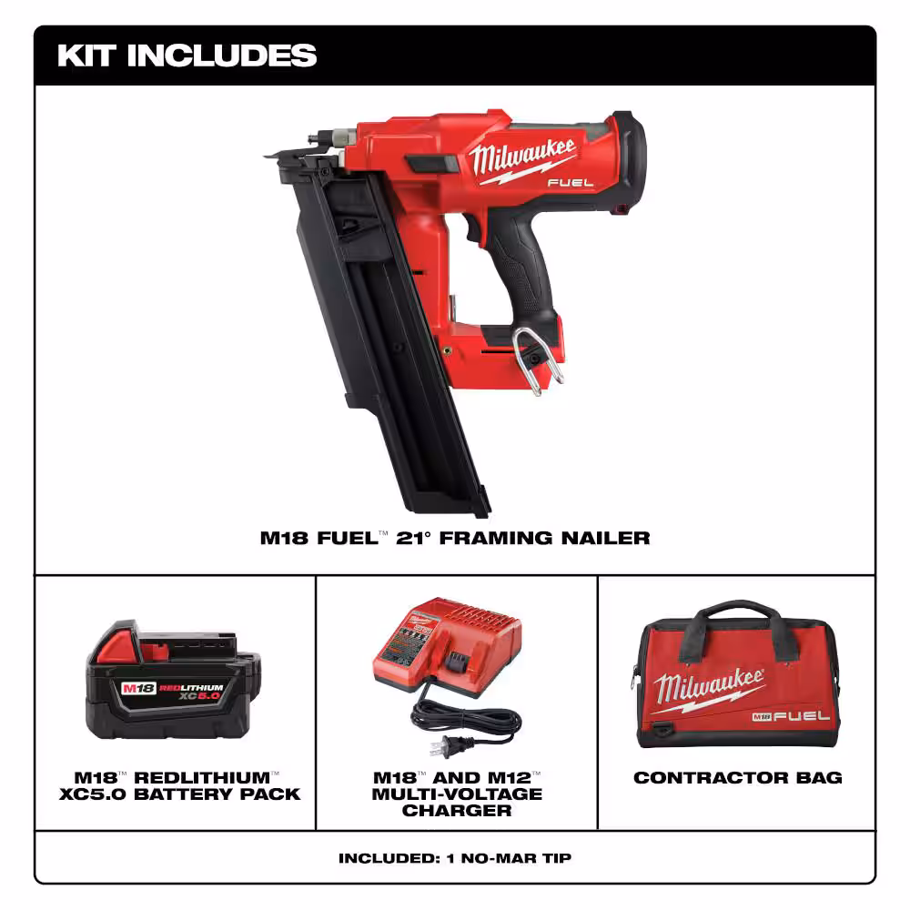M18 FUEL 3-1/2 in. 18-Volt 21 Deg. Lithium-Ion Brushless Cordless Framing Nailer Kit with 5.0 Ah Battery, Charger, Bag