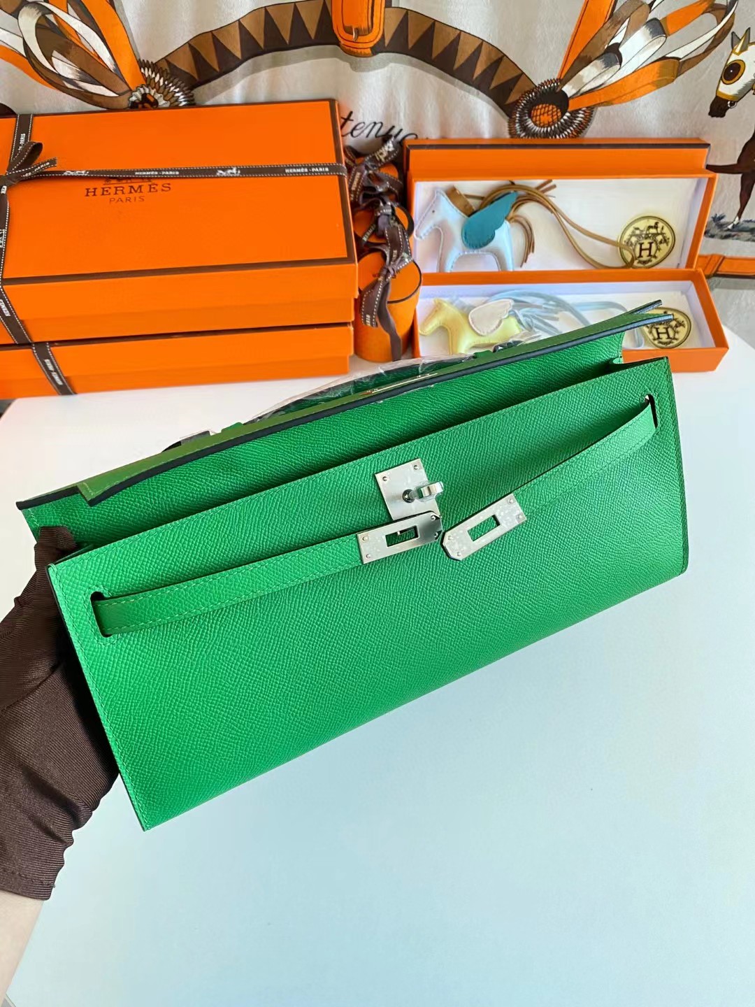 TOP HERMES Kelly Cut Elan 31 Clutch - Green & SHW