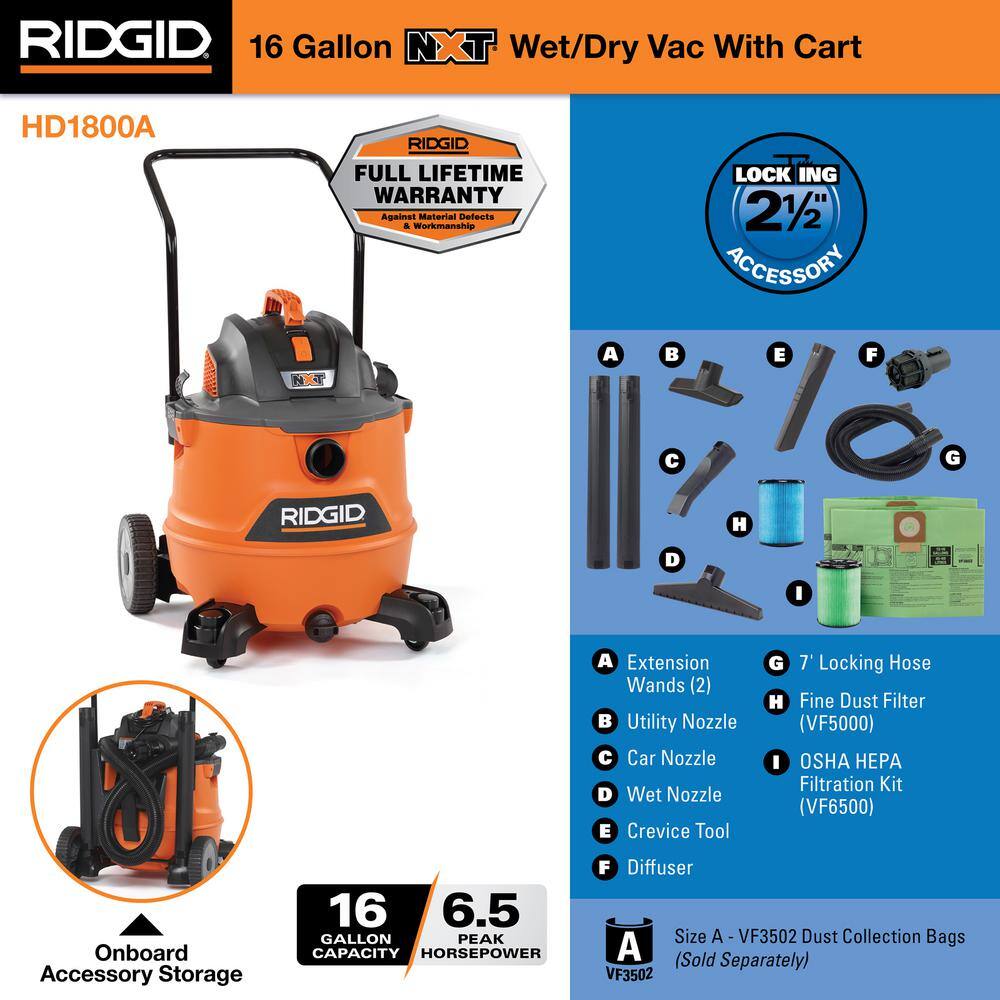 16 Gallon 6.5 Peak HP NXT Shop Vac Wet Dry Vacuum, Fine Dust Filter, Hose, Accessories, OSHA and HEPA Filtration Kit
