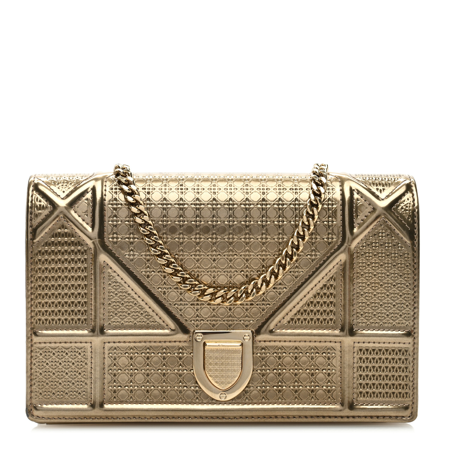 TOP Christian Dior Metallic Patent Micro-Cannage Diorama Wallet on Chain Bag 19cm - Gold