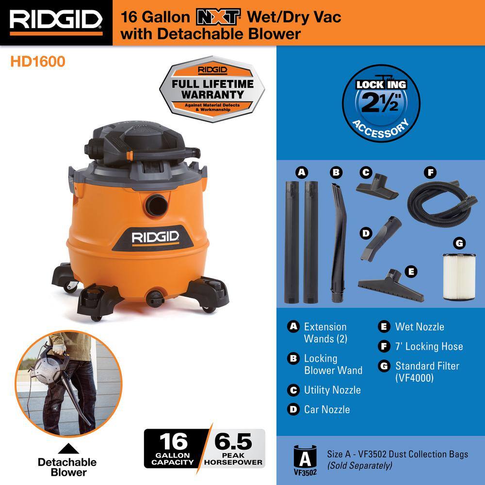 16 Gallon 6.5 Peak HP NXT Shop Vac Wet Dry Vacuum with Detachable Blower, Filter, Locking Hose and Accessories