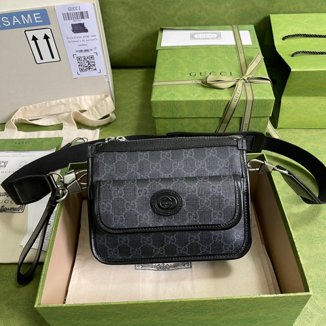 TOP GUCCI G*G Messenger Bag w/ Interlocking G - Black