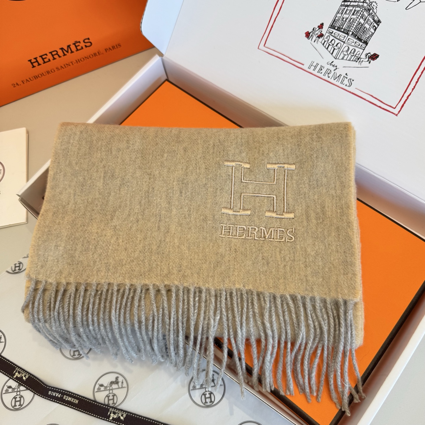 TOP HERMES Scarf with Embroidery Logo 35 x 190 cm - Gray