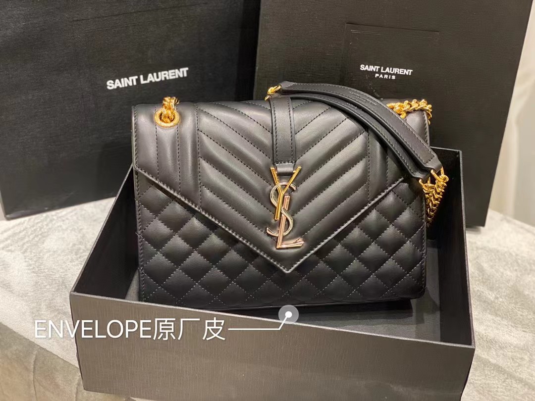 TOP Yves Saint Laurent YSL Envelop Shoulder Bag Lamskin Medium - BLACK&GHW
