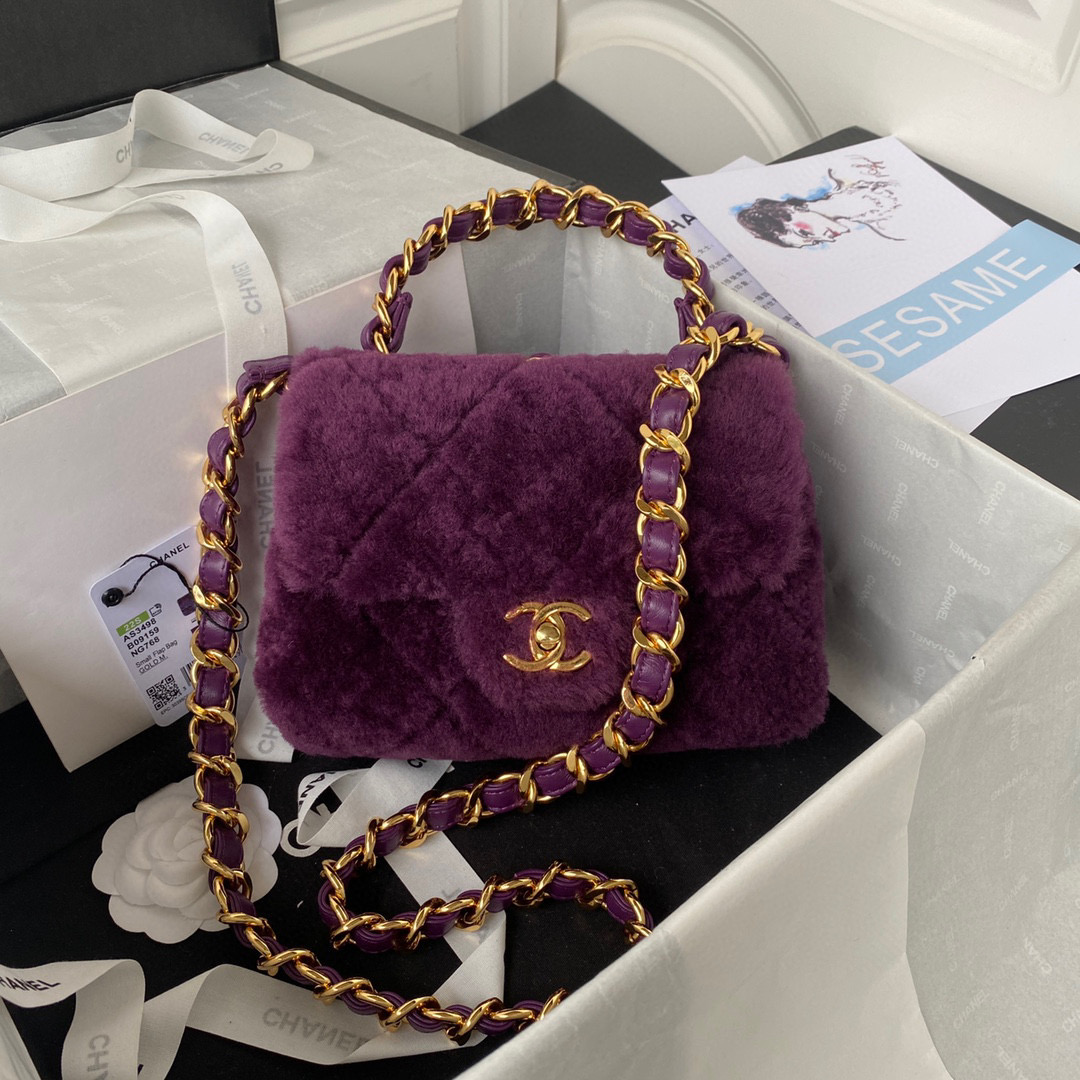 TOP CHANEL CoCo Handle Bag Pluffy Fur 20CM - Purple/Pink/Black/White