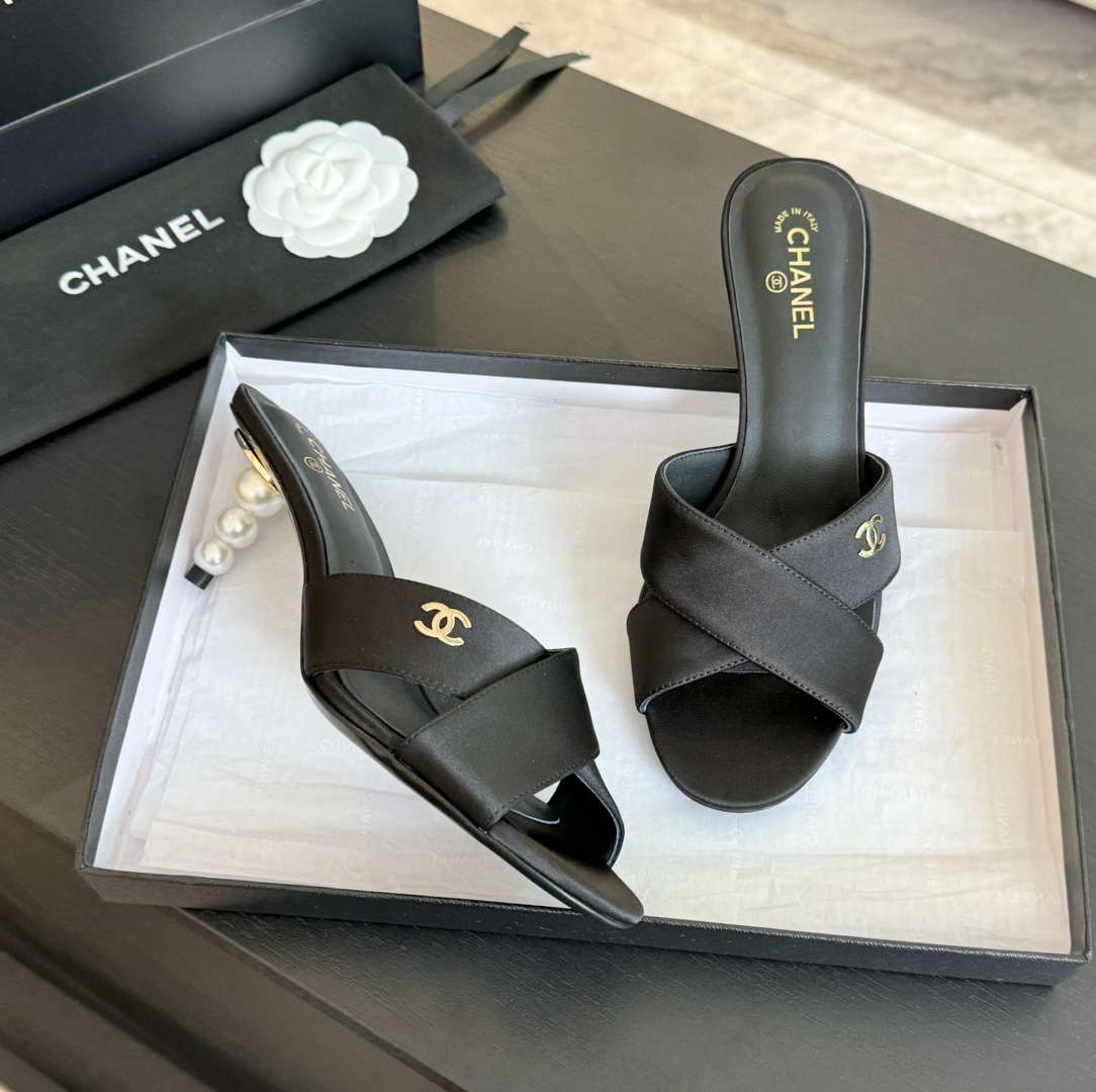 TOP CHANEL Pearl Heel 7cm High Heel Slides - 4 Color