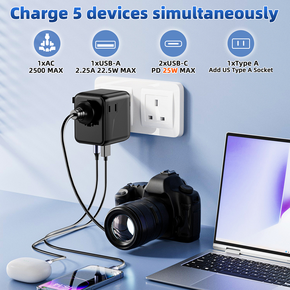 International Multiport USB Charger Travel Adapter Compact GaN 25W USB to USB C Adapter Universal Travel Adapter with Type-C