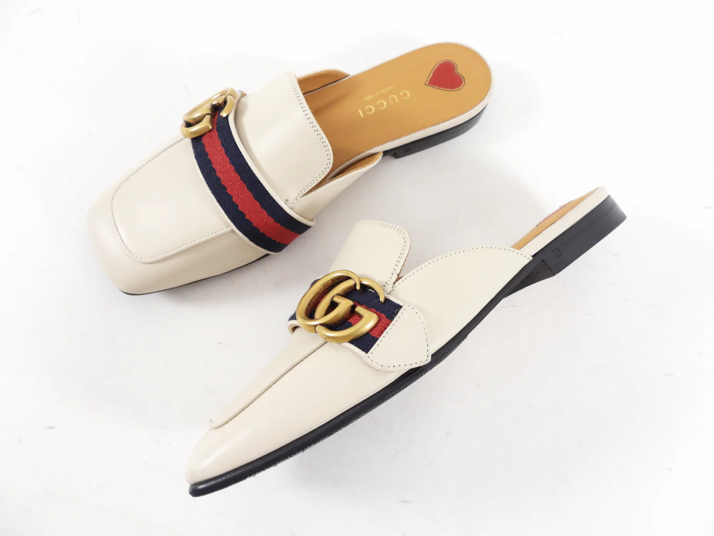 TOP GUCCI Marmont Ivory Leather Web Mule Slides - White