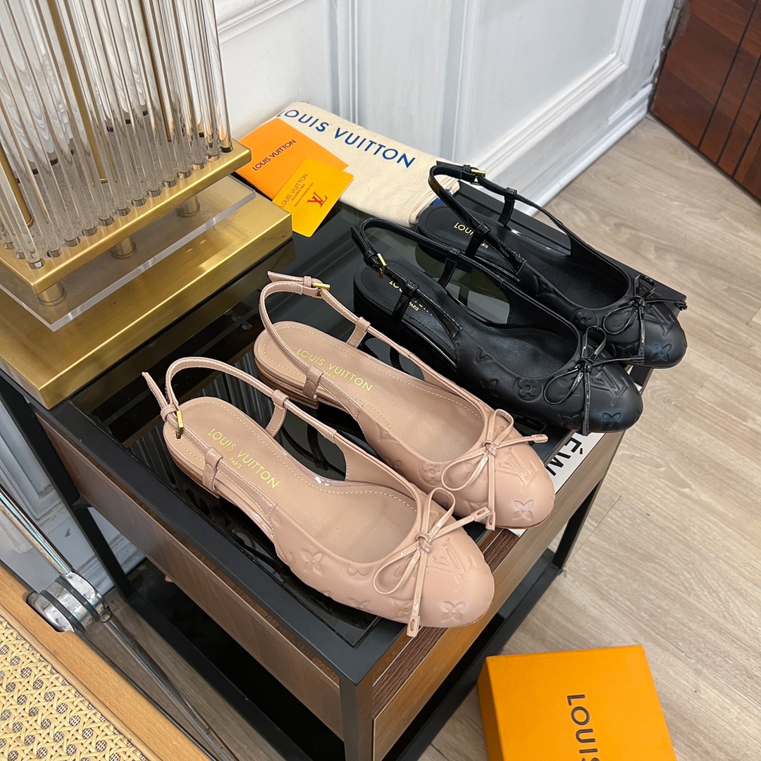TOP Louis Vuitton LV Bow Embossed Logo Round Toe Flat Mules - 2 Color