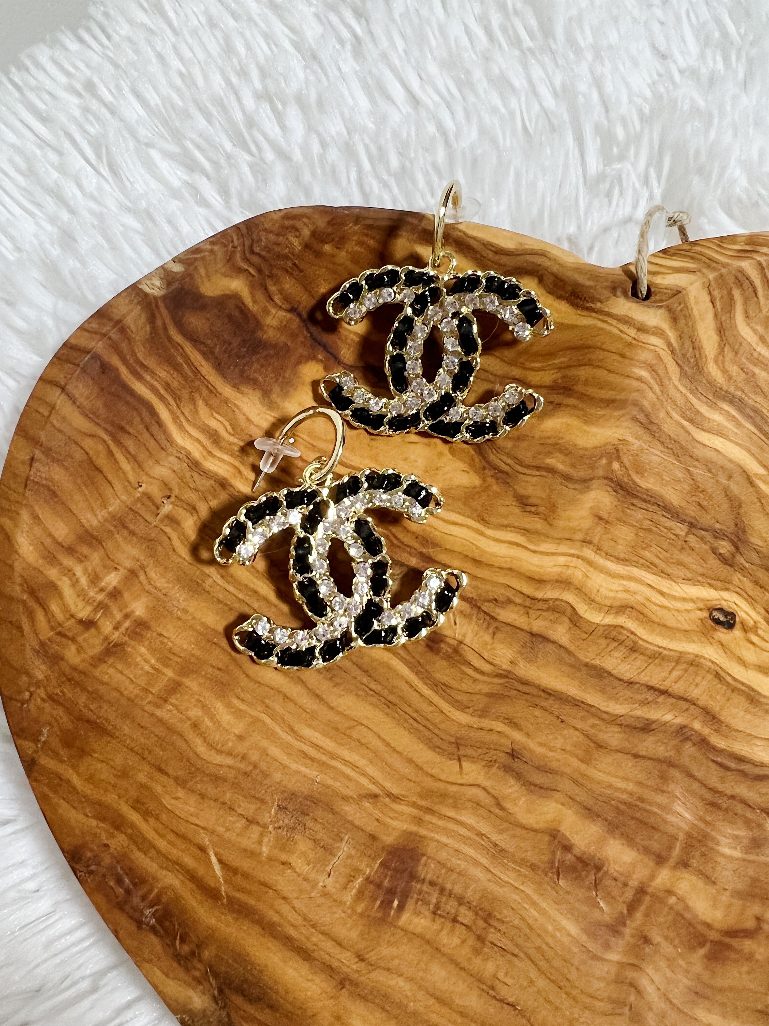 TOP CHANEL Dangle Hoop Earrings W Stones - Black