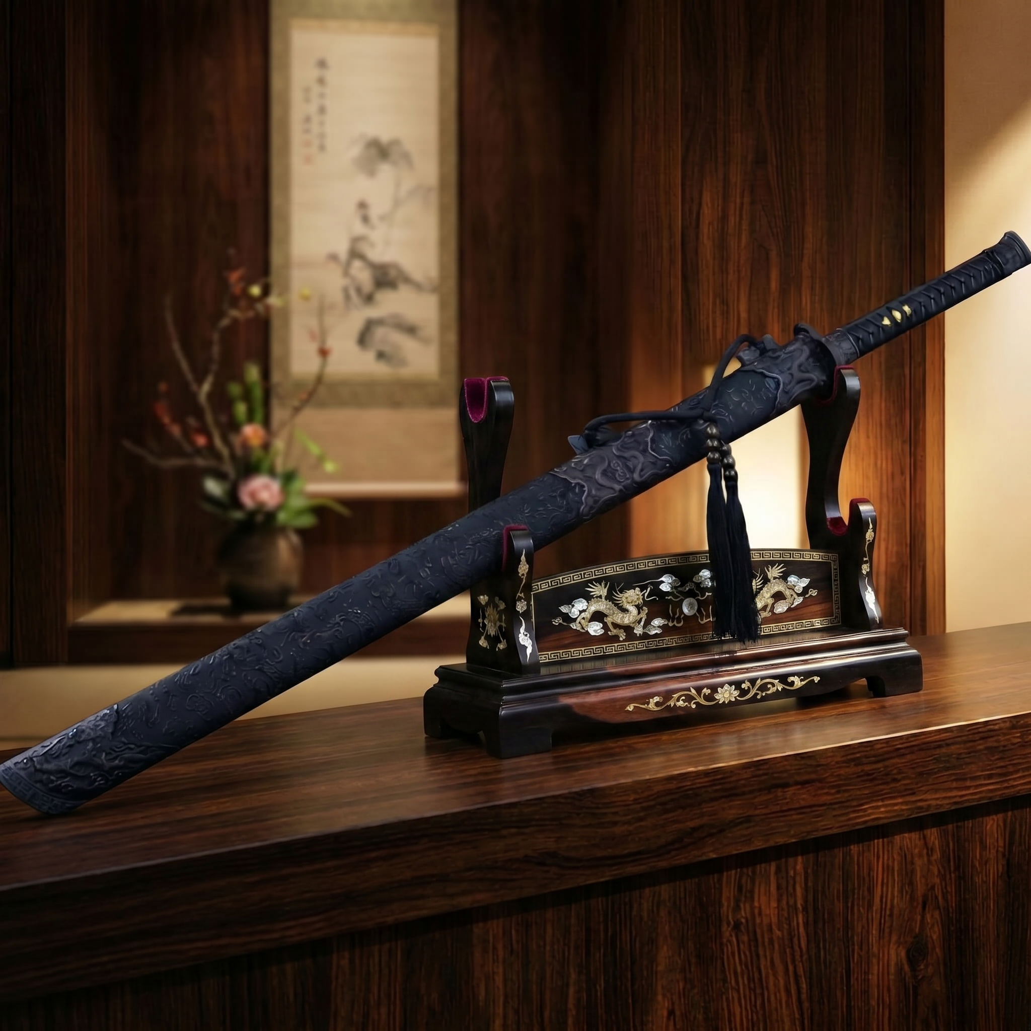 Handmade Unsharpened Black Dragon Tang Dao - Adult Decorative Collectible Prop (Non-Functional Weapon)