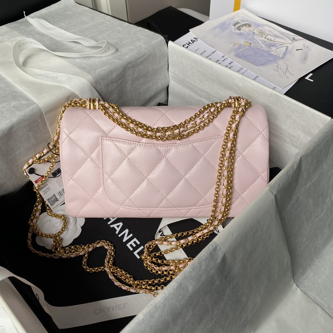 TOP CHANEL Flab Bag Lambskin 15×26×7cm - Pink & GHW