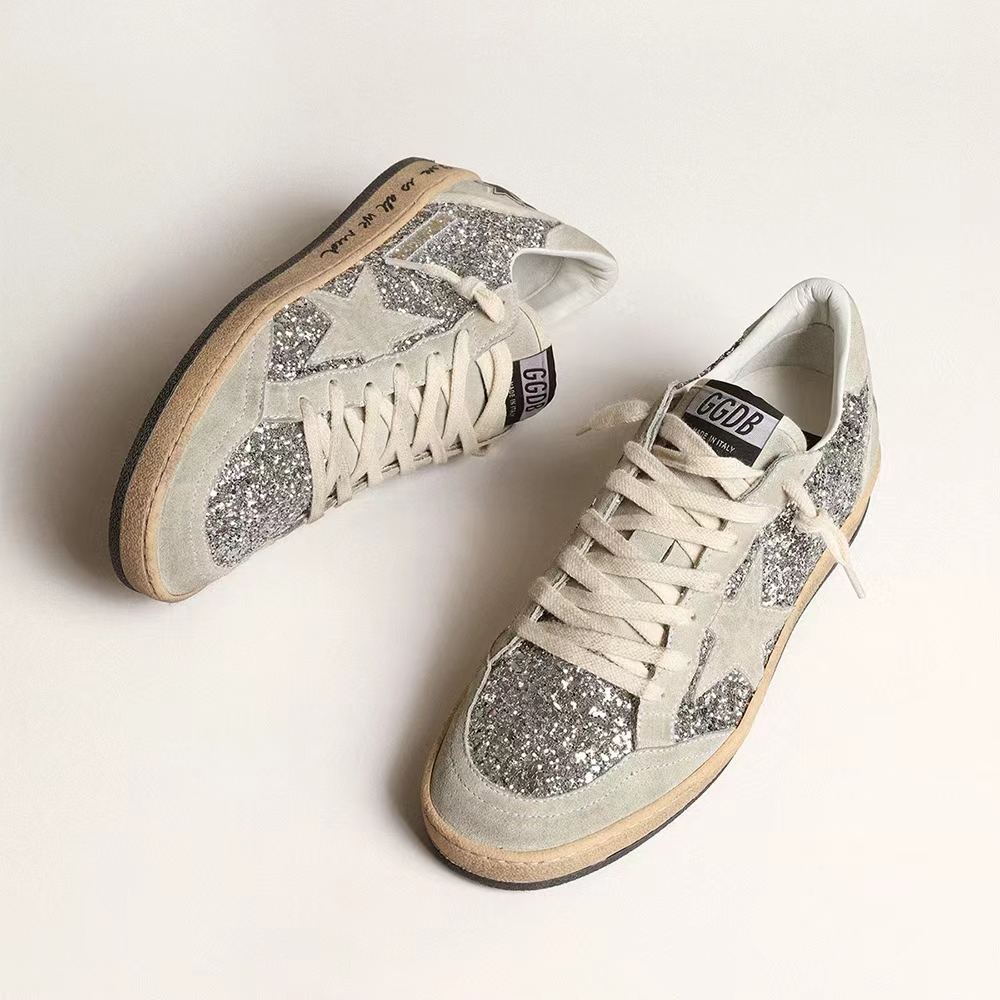 Golden Goose Ball Star in silver glitter with ice-gray suede inserts  (Replica)