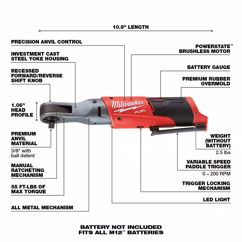 M12 FUEL 12V Lithium-Ion Brushless Cordless 3/8 in. Ratchet (Tool-Only)