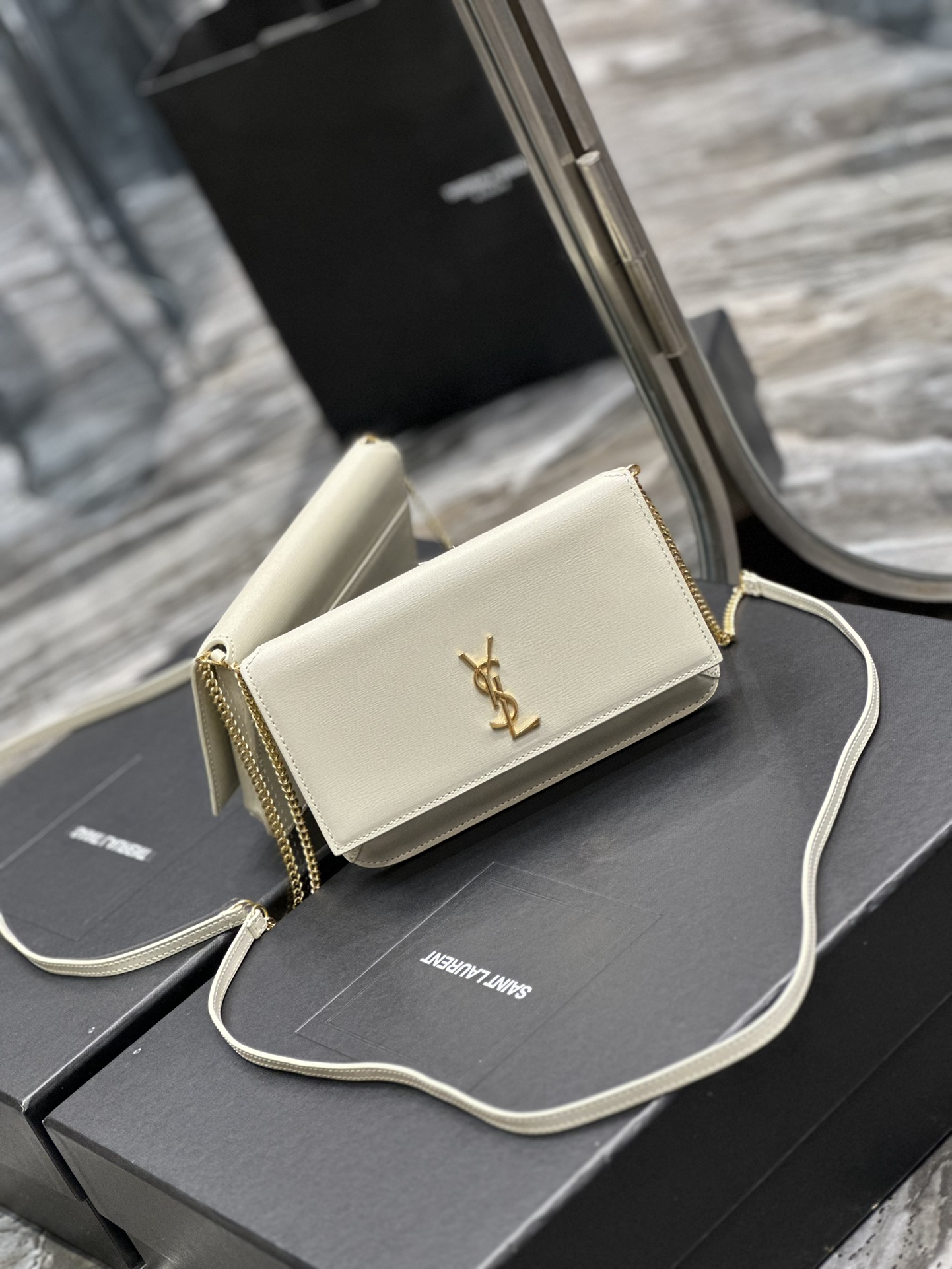 TOP Yves Saint Laurent YSL Monogram Phone Holder MINI Bag - White & GHW - Hand Rubbing