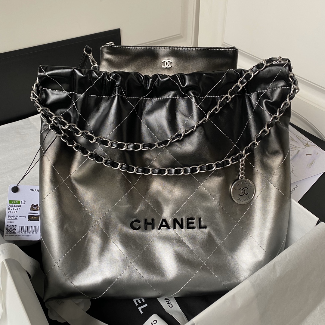TOP CHANEL Gradient Shiny 22 Bags 35x37x7cm/39×42×8cm - Black Paired With Silver&SHW