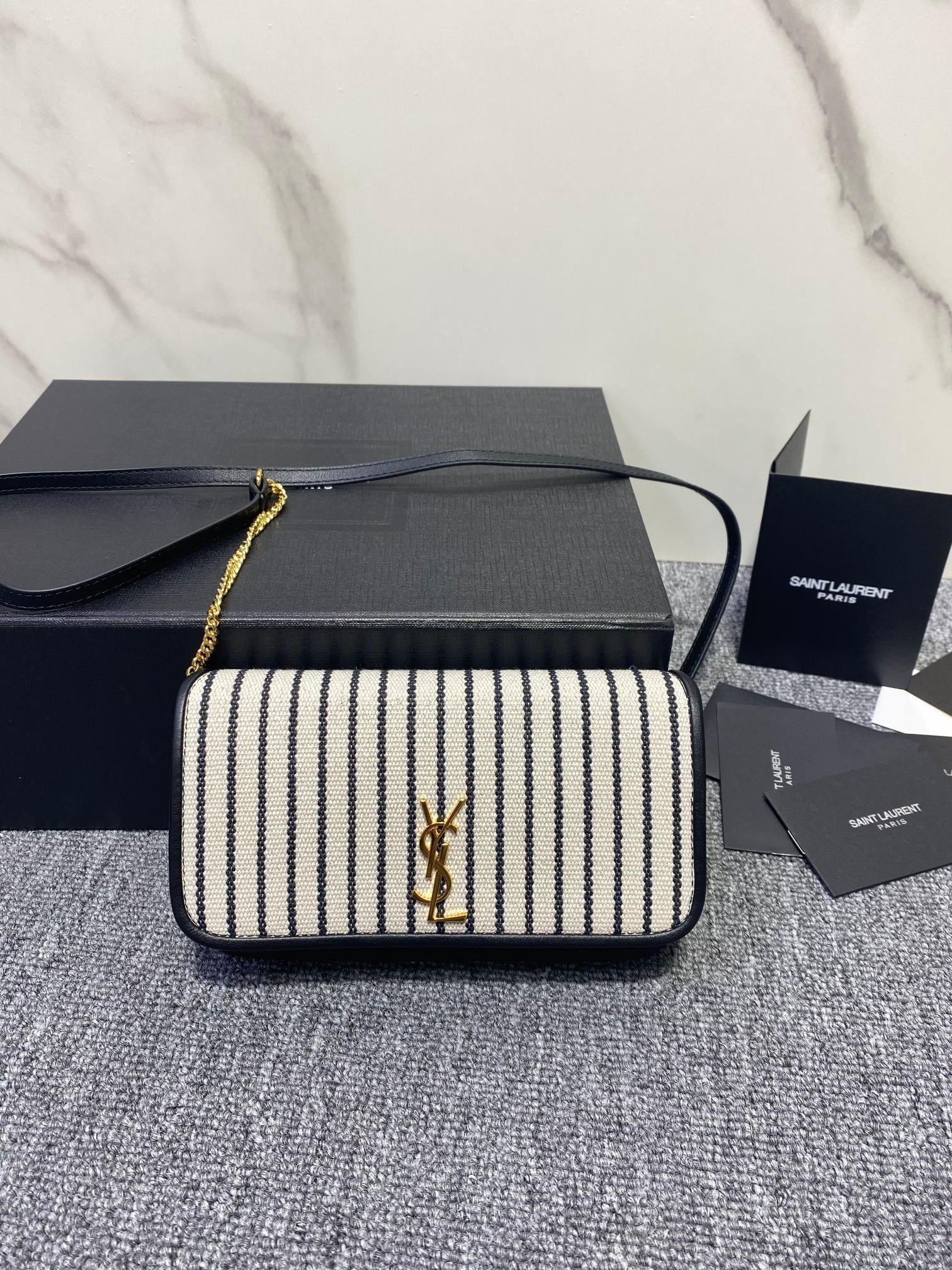 TOP Yves Saint Laurent YSL Striped Phone Case Bag - Black and Ivory