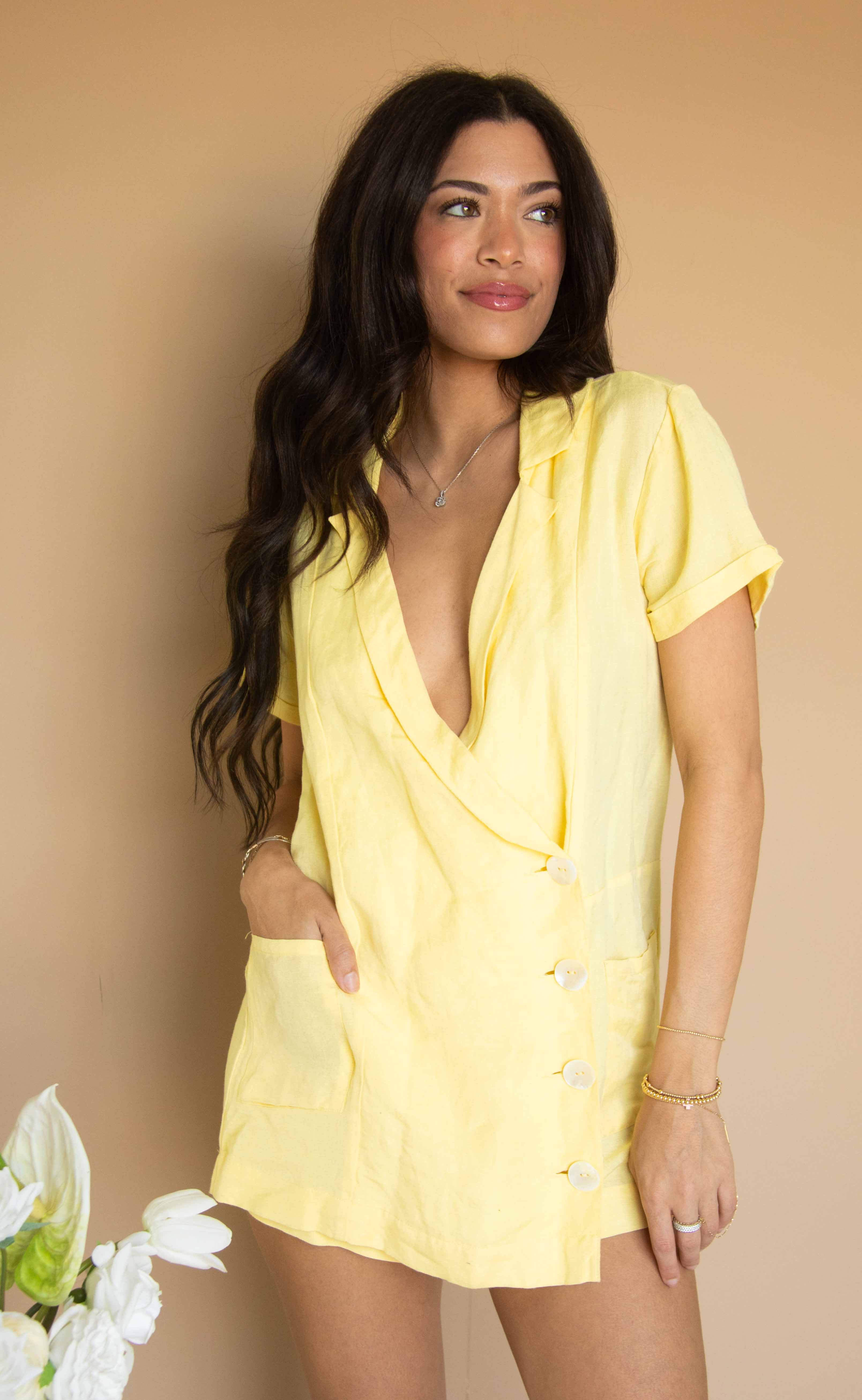 show me your mumu: bicoastal blazer romper - butter yellow linen