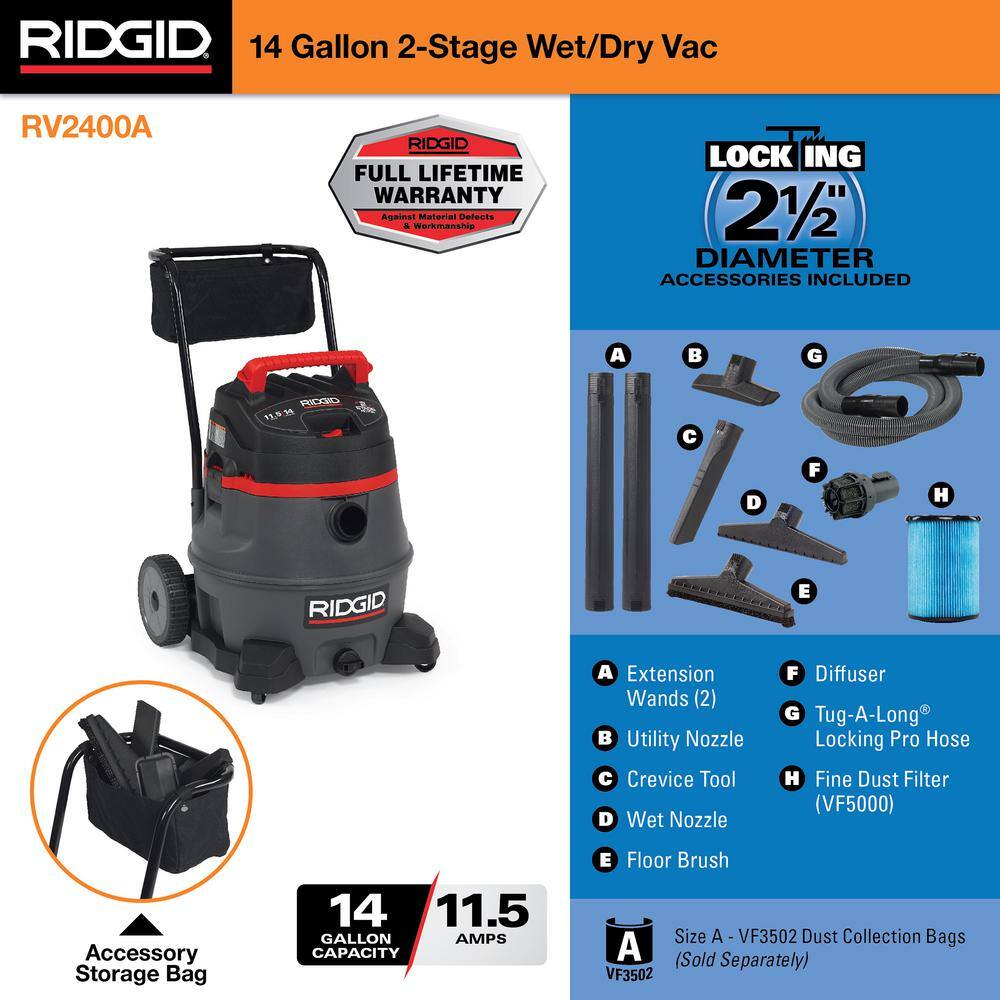 14 Gallon 2-Stage Commercial Shop Vac Wet Dry Vacuum with Fine Dust Filter, Professional Locking Hose and Accessories