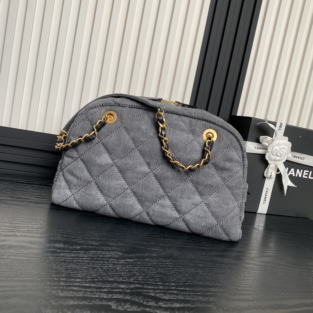 TOP CHANEL Denim Bowling Bag with Pocket 21.5×33×14.5cm/28×44×15.5cm - Gray